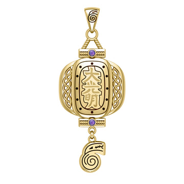 The Reiki Japanese Lantern and Dai Ko Myo Symbol Solid Yellow Gold Pendant with Gemstone GPD4927